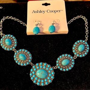 NWT Ashley Cooper Turquoise Blue and Silver Necklace with Earrings